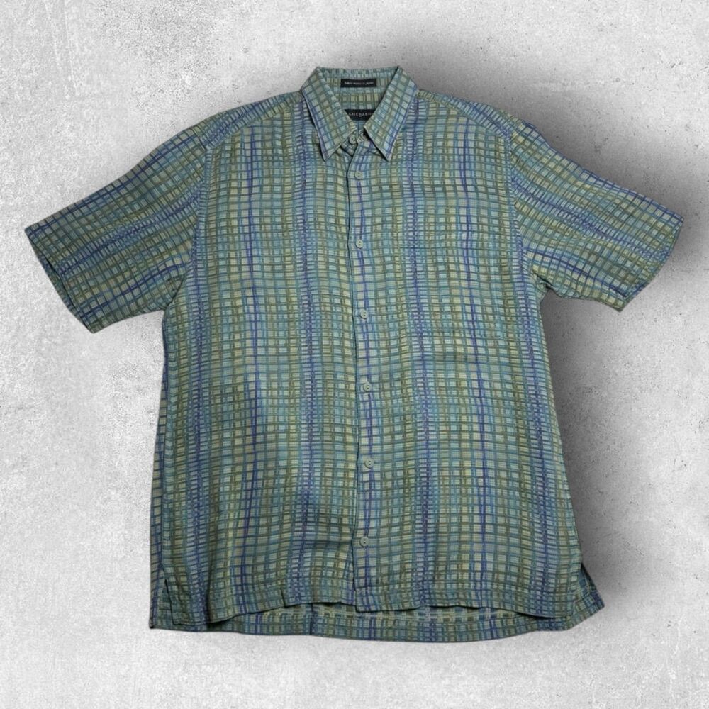Jhane Barnes Mens Short Sleeve Button Up Shirt S Green Geometric Retro Japan
